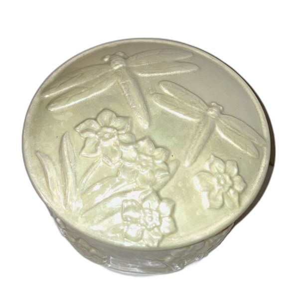 DRAGONFLIES Trinket Jewelry Box 3D Flowers Hinged Mirror Iridescent 5 x 2.5 inch - Picture 1 of 12